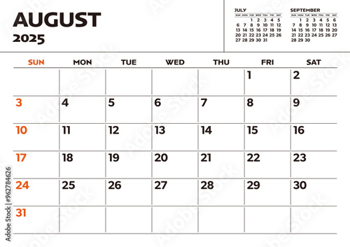 Simple desktop calendar for 2025: August, with writing space