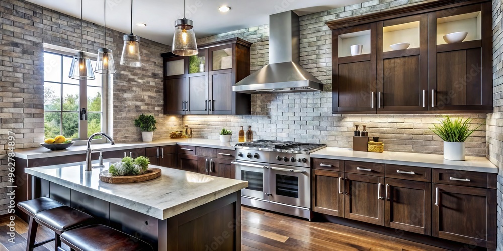 Modern kitchen features a sleek white brick backsplash, adding rustic charm to the space, contrasted with stainless Modern kitchen features a sleek white brick backsplash, adding rustic charm to the space, contrasted with stainless