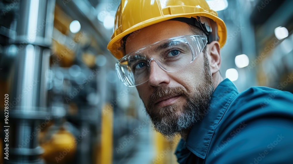 Refinery worker in hard hat inspecting equipment, highlighting the crucial role of human expertise in the energy industry. Refinery worker in hard hat inspecting equipment, highlighting the crucial role of human expertise in the energy industry.