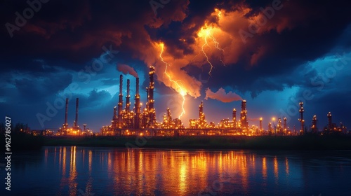 Dramatic lightning storm over an oil refinery, symbolizing the potential risks and challenges associated with energy production.