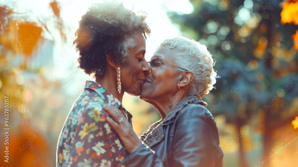 Two black African elderly women are kissing gently in the park. Two old lesbians hugging in the park Two black African elderly women are kissing gently in the park. Two old lesbians hugging in the park