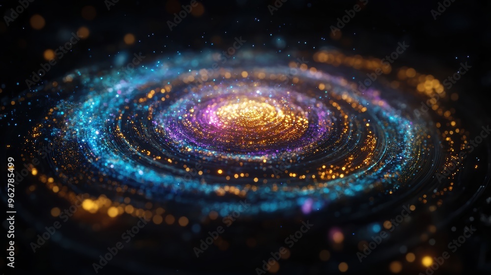 A bright and vibrant abstract depiction of a swirling cosmic formation, brimming with glowing blue, purple, and gold particles, reminiscent of a celestial nebula or galaxy in motion. A bright and vibrant abstract depiction of a swirling cosmic formation, brimming with glowing blue, purple, and gold particles, reminiscent of a celestial nebula or galaxy in motion.