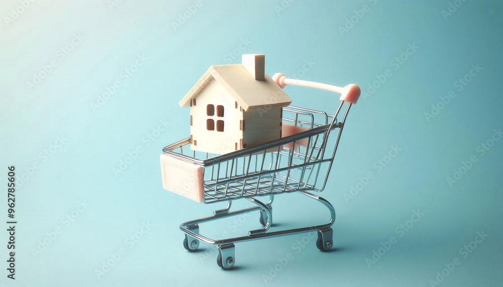 Minimalist image of a small wooden house on shopping cart, saving concept Minimalist image of a small wooden house on shopping cart, saving concept