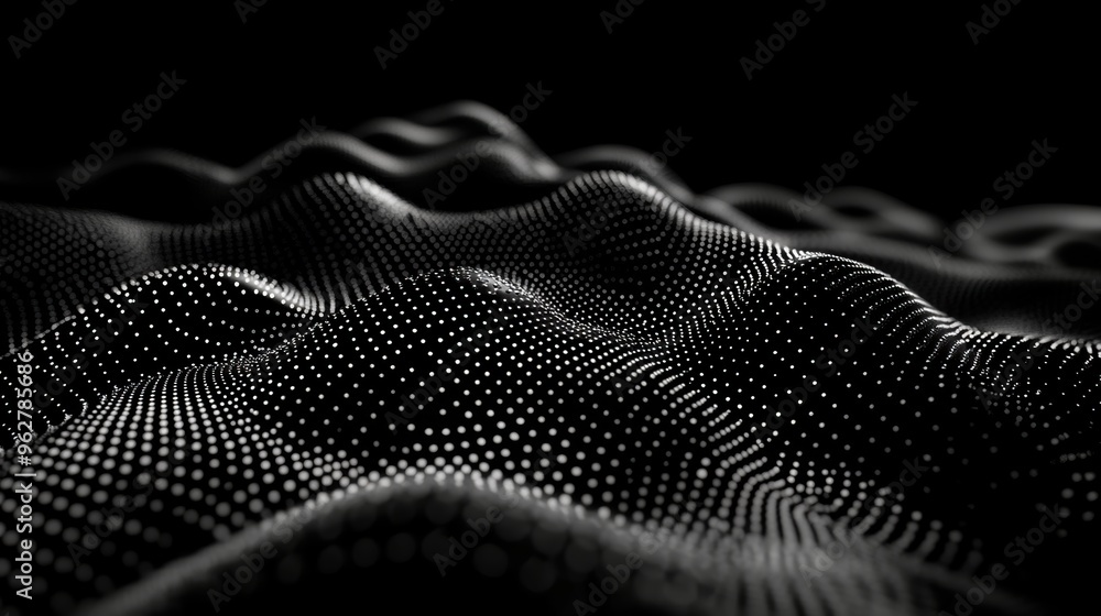 A black and white abstract landscape of flowing waves, composed of glowing dots in a digital, futuristic pattern, resembling data visualization. A black and white abstract landscape of flowing waves, composed of glowing dots in a digital, futuristic pattern, resembling data visualization.