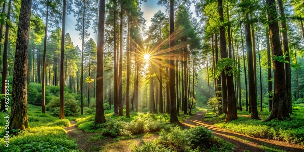 Panoramic View Of Lush Green Forest With Tall Trees And Sunlight Peeking Through The Canopy, Showcasing The Natural Panoramic View Of Lush Green Forest With Tall Trees And Sunlight Peeking Through The Canopy, Showcasing The Natural