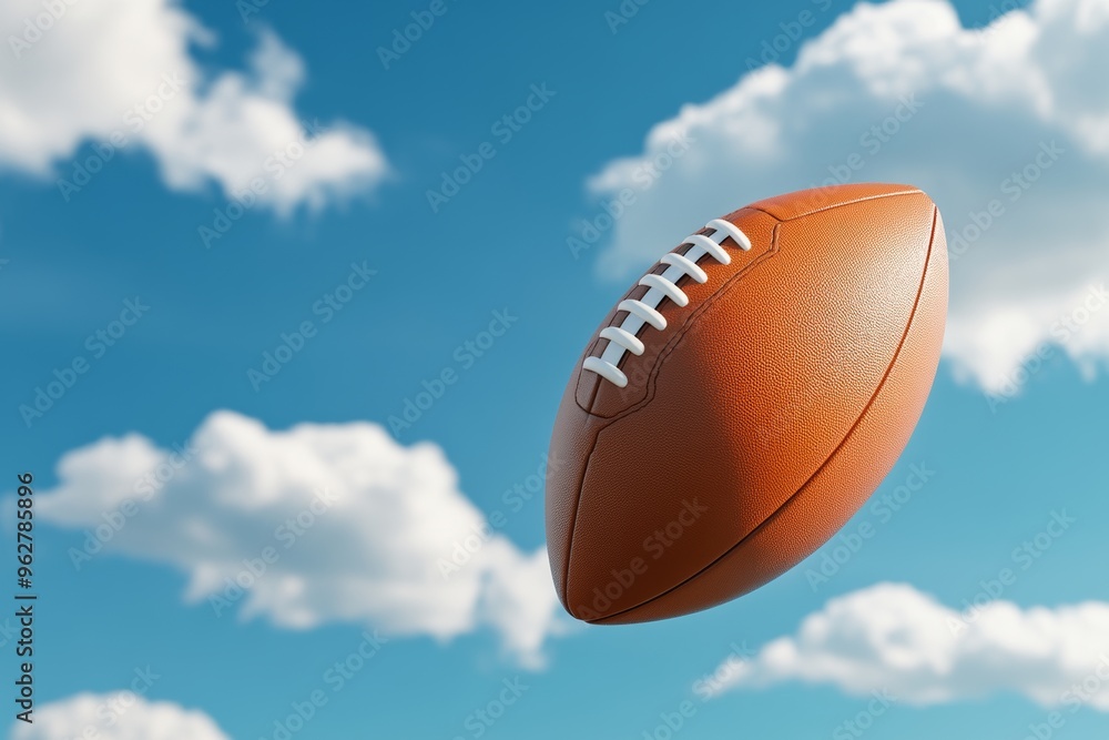 Realistic American football floating in the sky with a blue background and white clouds Realistic American football floating in the sky with a blue background and white clouds