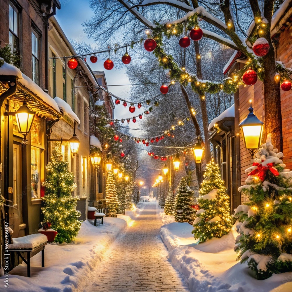 Fototapeta premium The street is lit up with holiday lights. Christmas atmosphere
