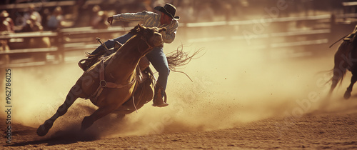 Cowboy on Horseback Kicking Up Dust in Rodeo Arena