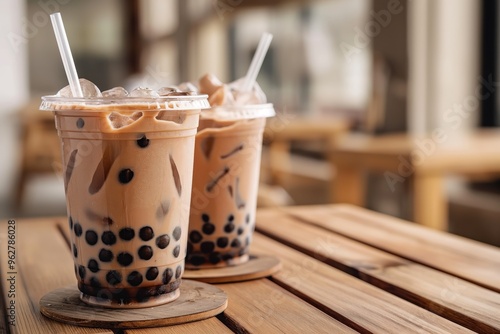 Iced cocoa boba bubble tea served in a glass cup on wooden table in cafe. Refreshing drink with chocolate flavor and small balls of tapioca pearls. Healthy beverage option for summer diet.