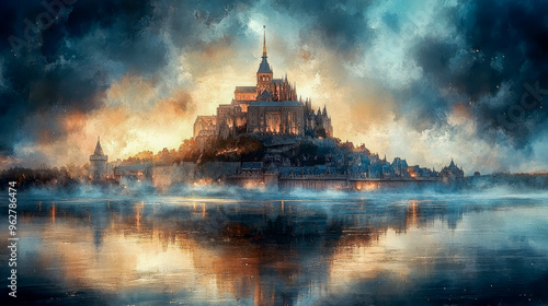 A fairy tale castle on a hill in watercolor style photo