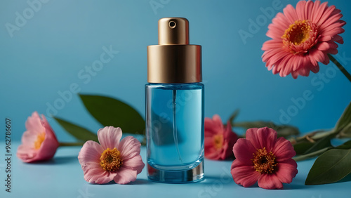 Bottle for cosmetics face care on a blue background around a composition of pink flowers