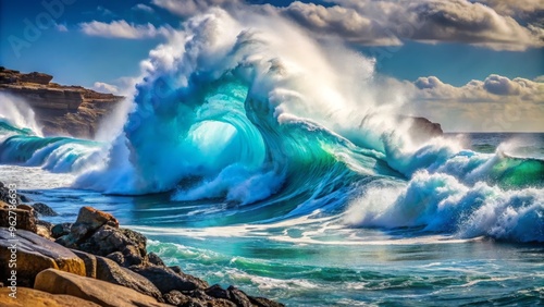 Powerful blue ocean wave crashes against rocky shoreline, sending foam and spray high into the air, capturing the raw energy of the turbulent sea. photo