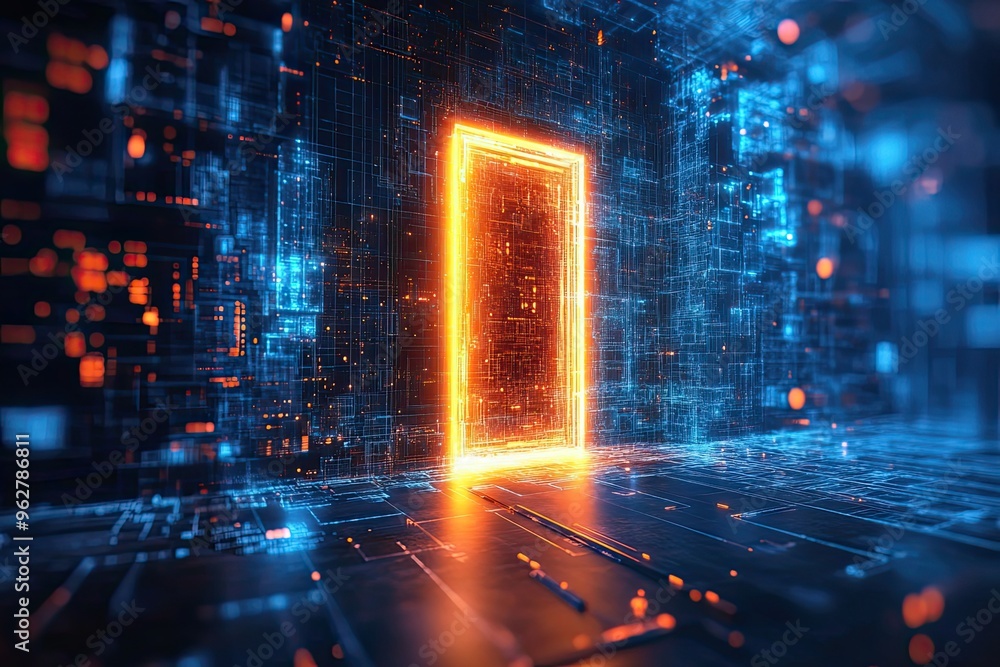 Obraz premium Future door in abstract digital cyberspace