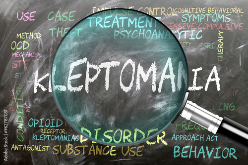 Kleptomania being studied, examined - under close inspection. Most important subjects and ideas closely related to kleptomania written on a blackboard inspected by a magnifying glass. ,3d illustration