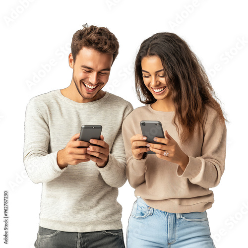 Cheerful Young Couple Smiling and Scrolling Social Media Apps on Smartphones Against Telecommuting. Isolated on a Transparent Background. Cutout PNG.
