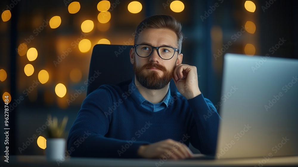 A man with glasses sitting at a desk, working on his laptop in a cozy office setting with warm bokeh lights in the background. A man with glasses sitting at a desk, working on his laptop in a cozy office setting with warm bokeh lights in the background.
