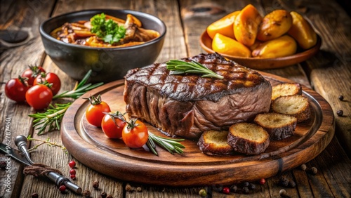 Savory grilled steak served with roasted vegetables, golden-brown crispy potatoes, and a side of rich, velvety chocolate cake on a rustic wooden table setting. photo