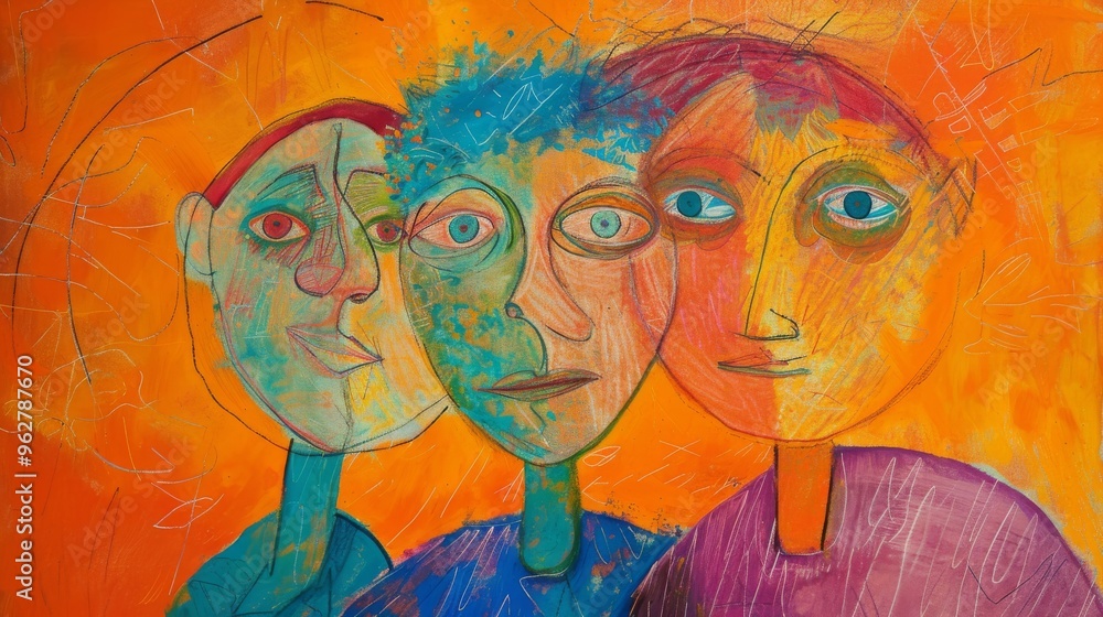 Fototapeta premium A surreal abstract painting of three faces with exaggerated features and vivid colors. The artwork blends elements of fantasy and reality, creating a captivating and thought-provoking visual