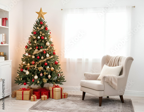 A cozy Christmas scene with a decorated Christmas tree, a armchair, and a blank white frame on the wall