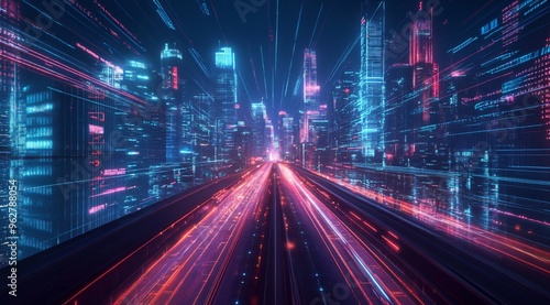 Futuristic Cityscape with Neon Lights and Speed Lines