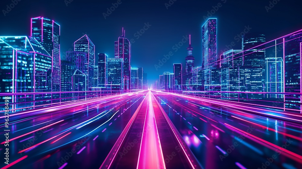 Futuristic city skyline with neon lights and a highway. Futuristic city skyline with neon lights and a highway.