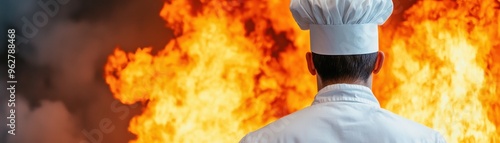 A chef stands confidently in front of a dramatic fire, showcasing culinary passion and intensity in a vibrant kitchen environment.