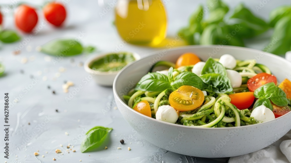 vibrant pesto pasta salad with zucchini noodles, cherry tomatoes, and mozzarella pearls. vibrant pesto pasta salad with zucchini noodles, cherry tomatoes, and mozzarella pearls.