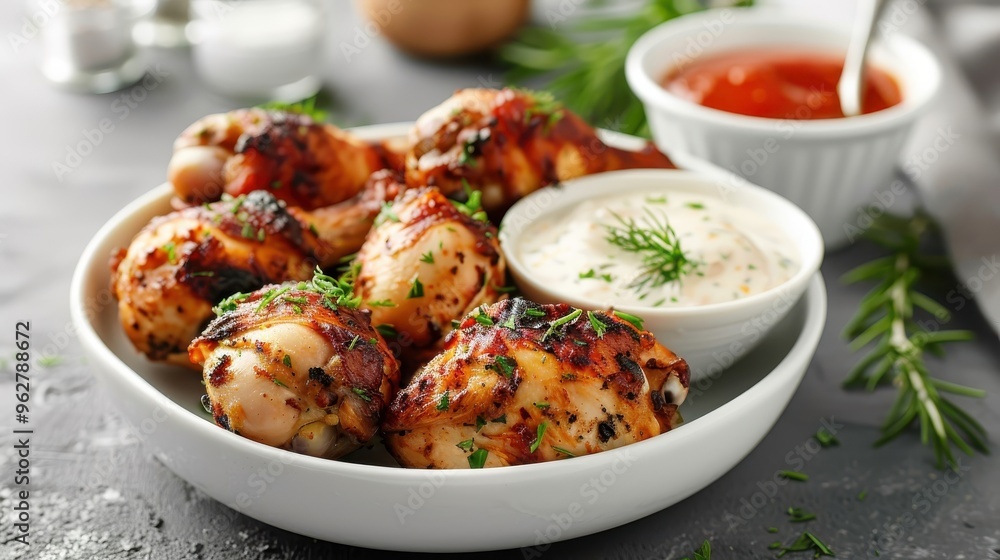 Party platter of chicken drumsticks, each paired with a different sauce for a fun culinary adventure. Party platter of chicken drumsticks, each paired with a different sauce for a fun culinary adventure.