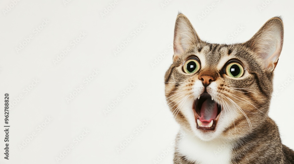 A shocked cat with large, expressive eyes and an open mouth captures an amusing moment, standing out vividly against a clean white background for any text A shocked cat with large, expressive eyes and an open mouth captures an amusing moment, standing out vividly against a clean white background for any text