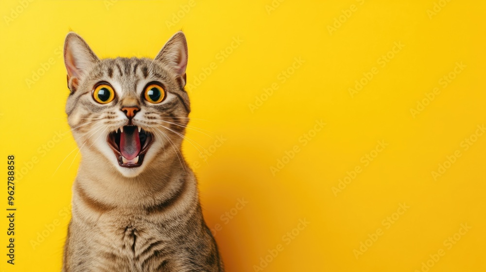 A gray cat appears shocked with wide eyes and an open mouth, set against a vibrant yellow background that leaves space for adding playful text A gray cat appears shocked with wide eyes and an open mouth, set against a vibrant yellow background that leaves space for adding playful text