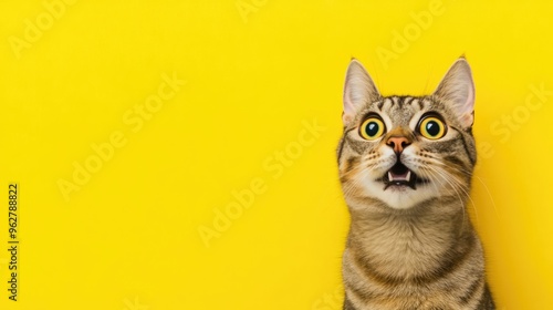 A startled tabby cat displays wide eyes and an open mouth against a vibrant yellow backdrop, perfect for conveying surprise or humor in your text