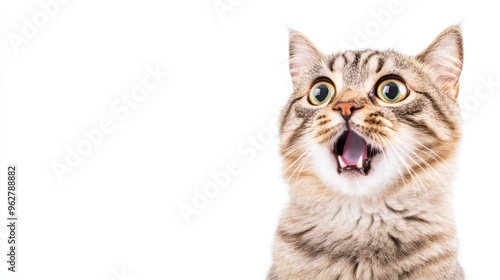 A startled cat with large eyes and an open mouth sits on a clean white background, conveying surprise and curiosity, ideal for creative text overlay