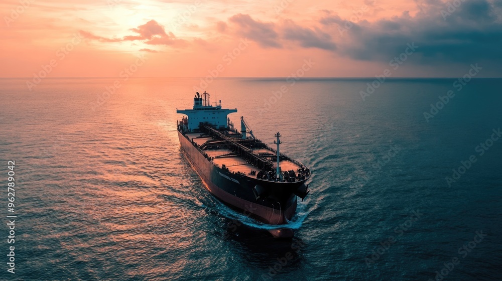 An oil tanker navigates the open sea at dusk, its silhouette highlighted by the vibrant colors of the setting sun, creating a tranquil atmosphere An oil tanker navigates the open sea at dusk, its silhouette highlighted by the vibrant colors of the setting sun, creating a tranquil atmosphere