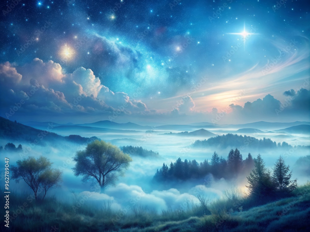 Soft, dark pastel blue hues envelop a misty, dreamlike landscape with subtle, shimmering stars and delicate, swirling Soft, dark pastel blue hues envelop a misty, dreamlike landscape with subtle, shimmering stars and delicate, swirling
