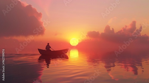 A serene sunset scene with a person in a boat, reflecting on calm waters.