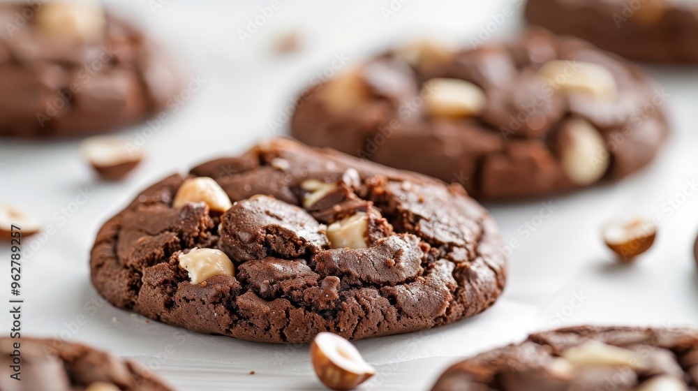 A decadent chocolate macadamia nut cookie with a slightly crisp edge. A decadent chocolate macadamia nut cookie with a slightly crisp edge.