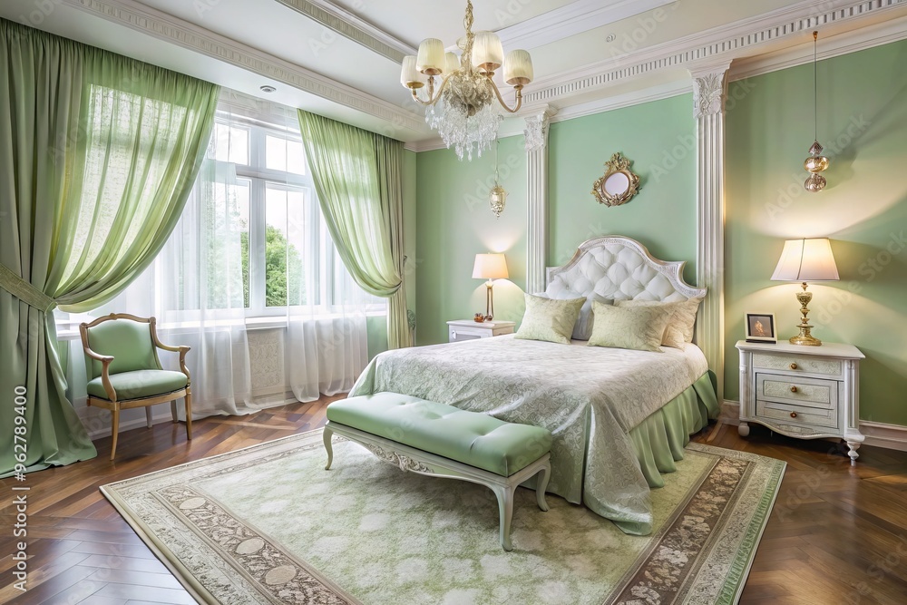 Soft pastel green walls, plush carpet, and delicate lace curtains create a serene and tranquil atmosphere in this Soft pastel green walls, plush carpet, and delicate lace curtains create a serene and tranquil atmosphere in this