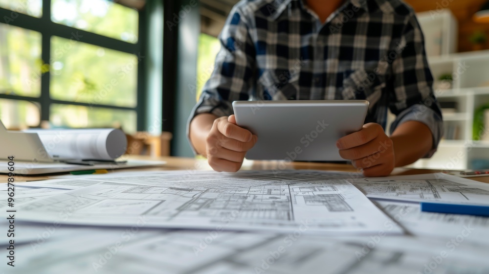 Fototapeta premium An architect in casual attire reviews blueprints on a desk using a digital tablet. The scene combines traditional paper plans with modern digital tools, emphasizing a blend of old and new methods in