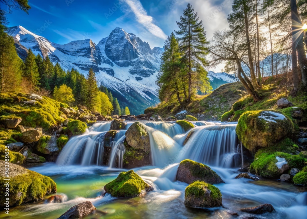 Sparkling crystal clear water flows gently from majestic snow-capped mountains, cascading over moss-covered rocks and Sparkling crystal clear water flows gently from majestic snow-capped mountains, cascading over moss-covered rocks and