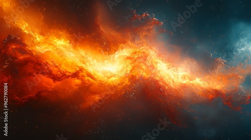 Abstract fiery nebula with smoke and stars in dark space.