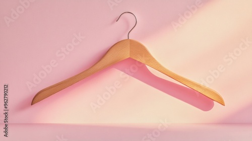 A wooden clothes hanger casting a shadow on a pink background, emphasizing simplicity.