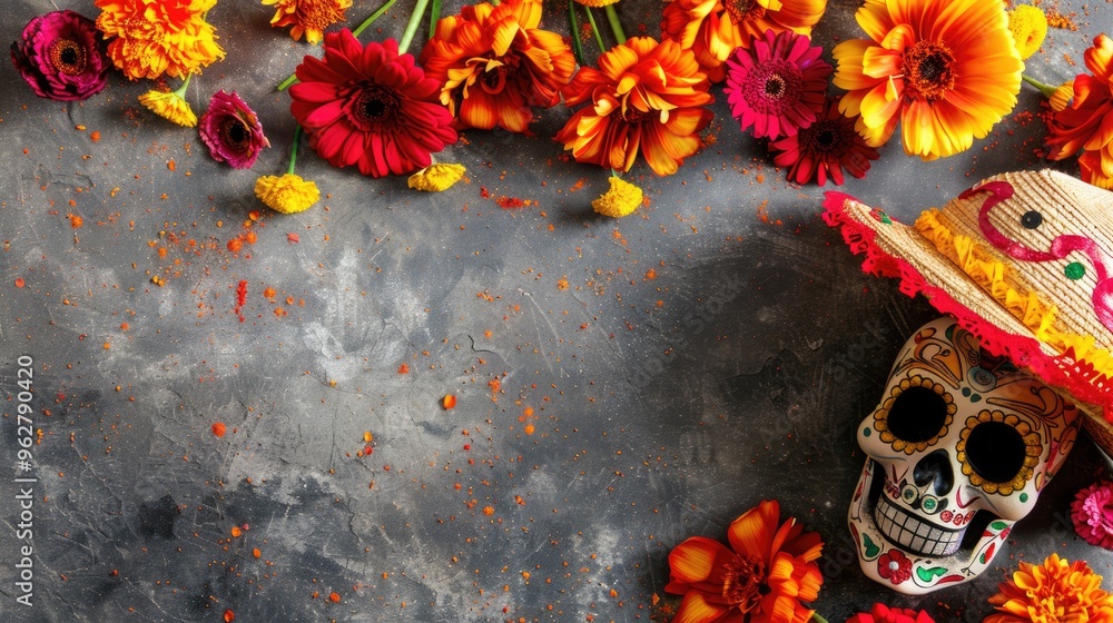 Naklejka premium Day of the Dead or Dia De Los Muertos Mexican holiday, Display of skull, sombrero, flowers suitable for background, posters, wallpaper, banner, greeting card and advertising.