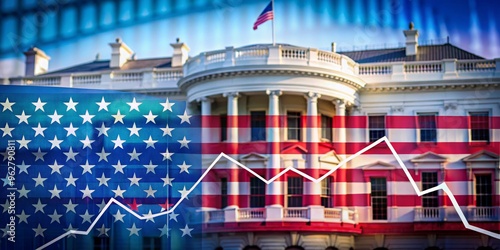 American Flag and White House with a Downward Trend Line, Stock Market, Economy, Politics photo