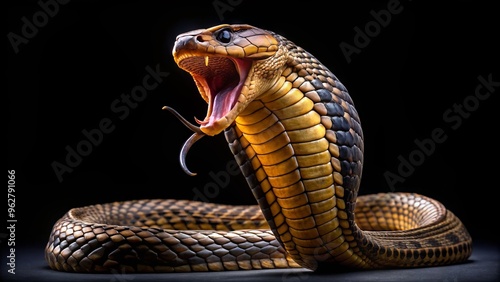 Venomous King Cobra Snake With Raised Hood And Wide-Open Jaws, Coiled In A Defensive Posture Against A Dark photo