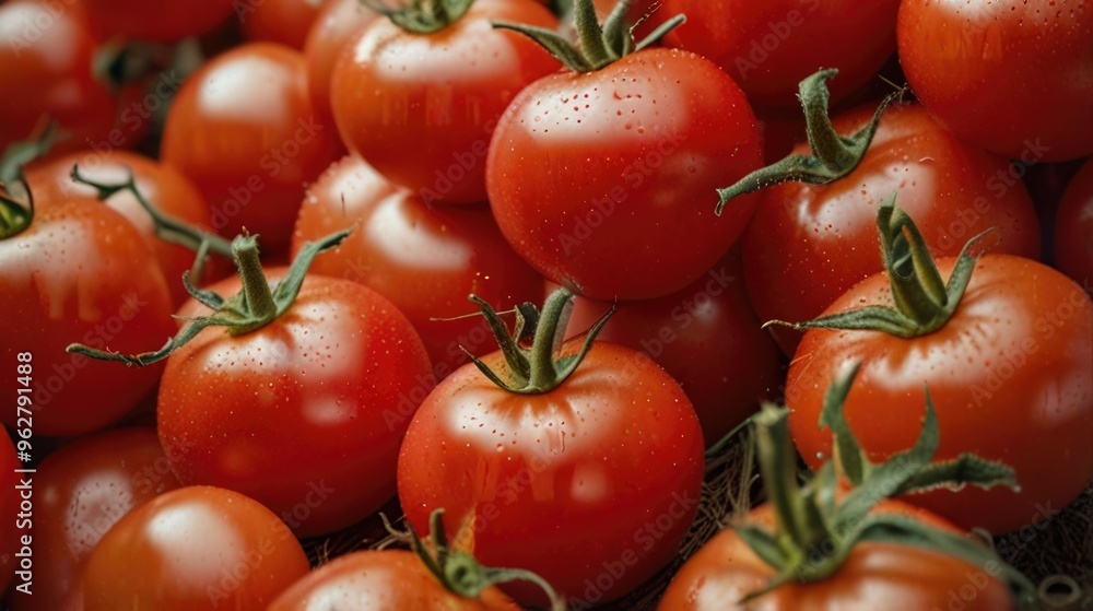 A bunch of bright red tomatoes on an organic farm tomato plant A bunch of bright red tomatoes on an organic farm tomato plant