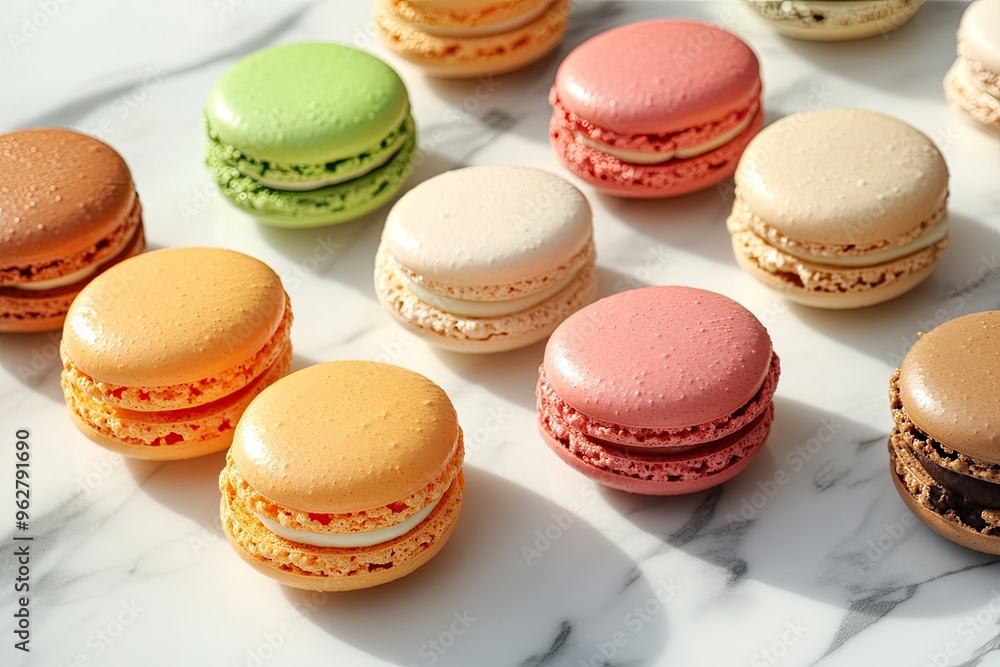 A variety of colorful macarons neatly arranged on a white marble surface with subtle shadows A variety of colorful macarons neatly arranged on a white marble surface with subtle shadows