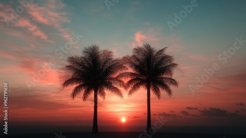 A serene tropical sunset with two silhouetted palm trees against a vibrant pink and orange sky, creating a peaceful and dreamy beach scene.