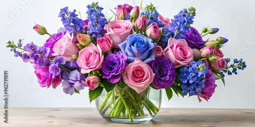 Vibrant bouquet of fresh blue delphiniums, purple lisianthus, and pink roses, delicately arranged in a clear vase, photo