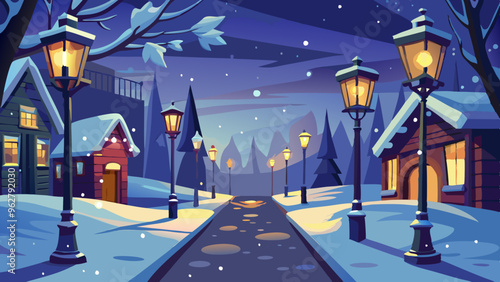 Snow-covered street with vintage lampposts in the night glowing warmly. vector illustration 
