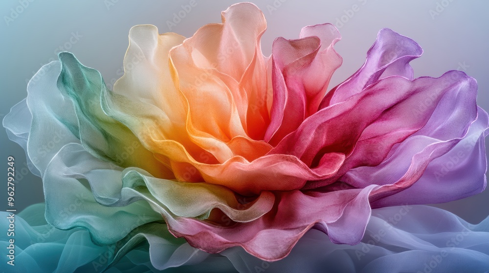 An elegant abstract design mimicking a flower, made of soft, flowing fabric in translucent pastel shades, creating a tranquil and dreamlike effect. An elegant abstract design mimicking a flower, made of soft, flowing fabric in translucent pastel shades, creating a tranquil and dreamlike effect.